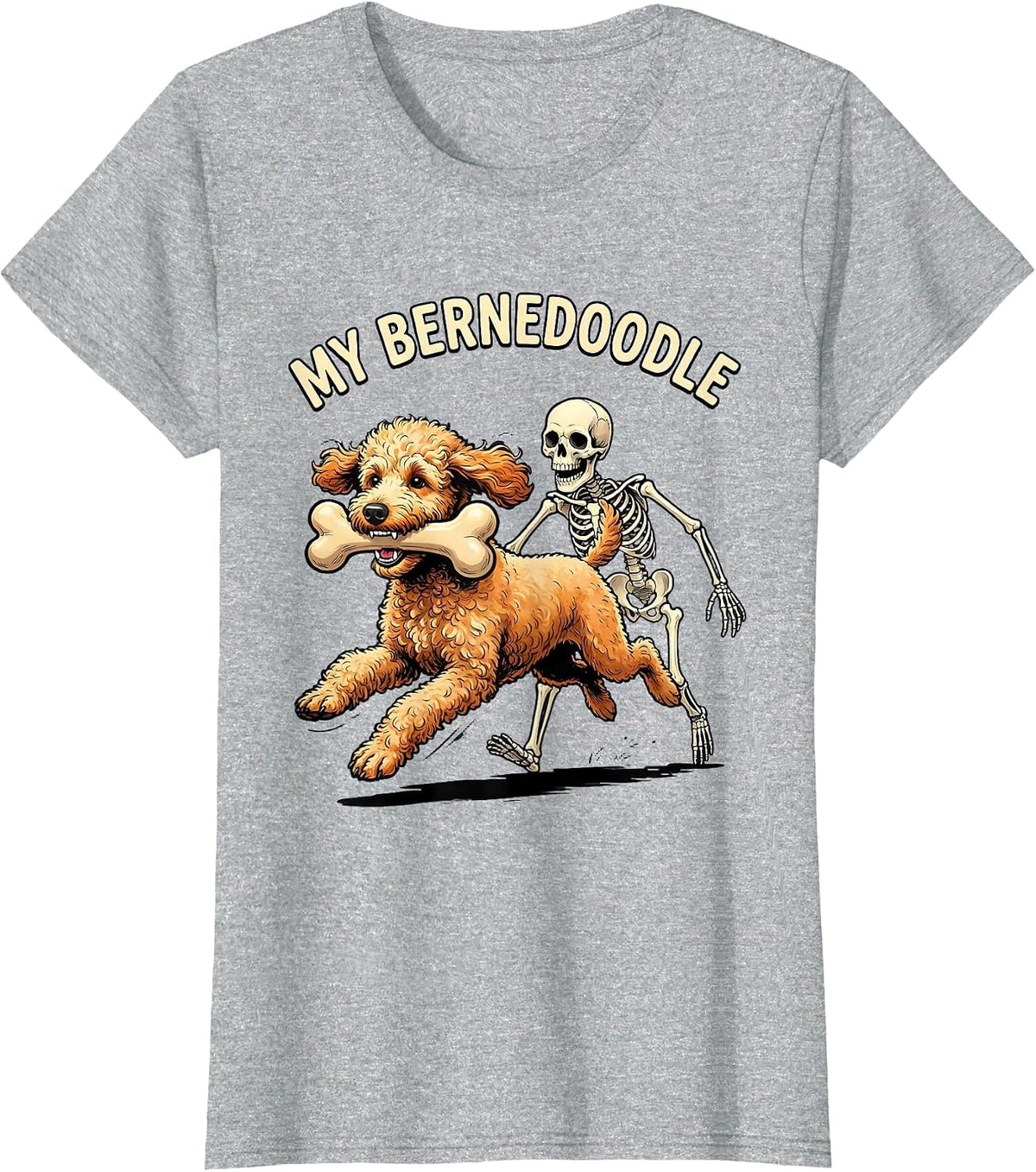 MY BERNEDOODLE Funny Skeleton Chasing Halloween Dog Mom Pet T-Shirt - Heather Grey