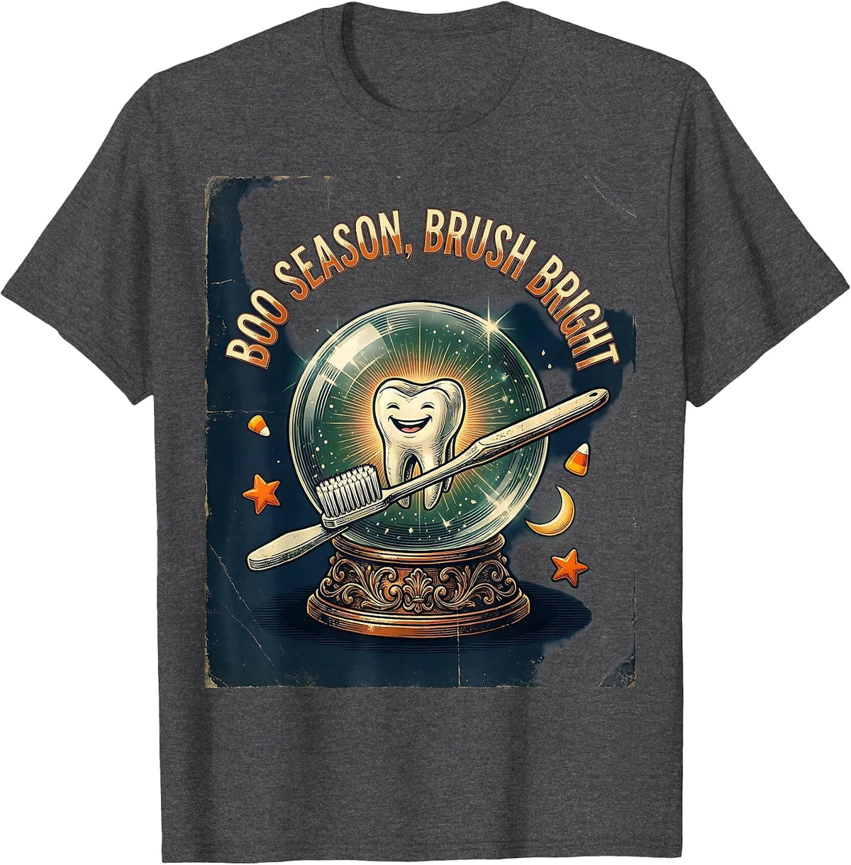 Boo Season Brush Bright Vintage Halloween Dentist Dental T-Shirt - Dark Heather Grey