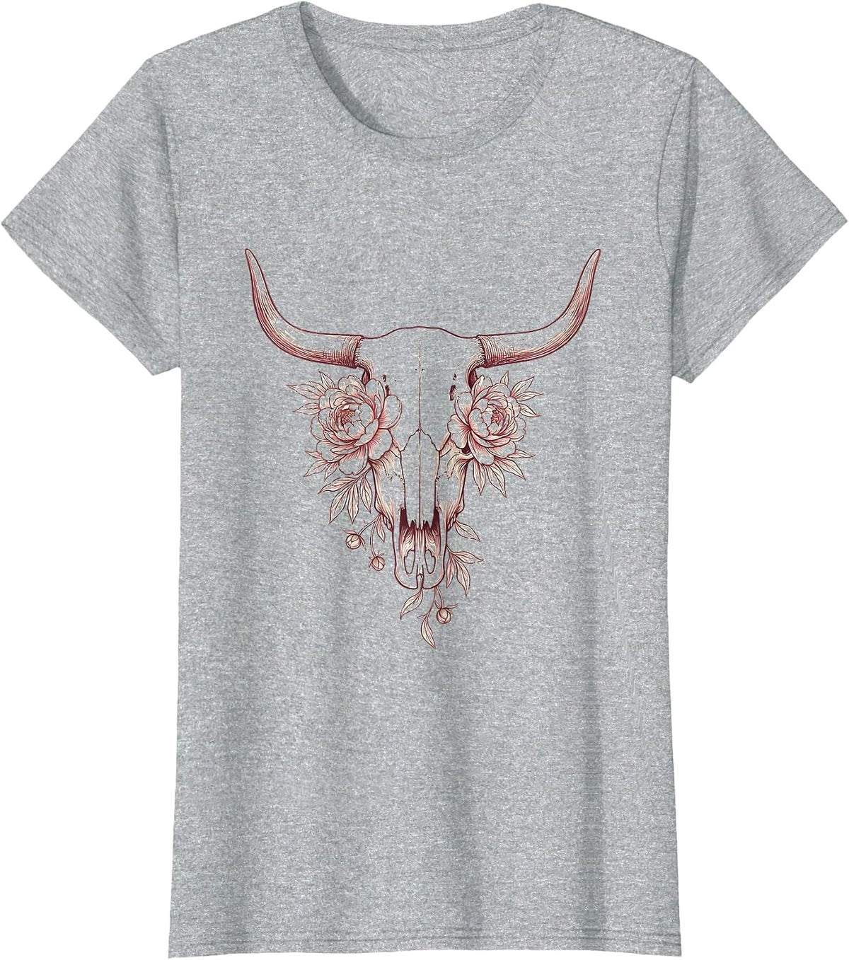 Women's Cow Skull Blooming Peonies Western Floral Design T-Shirt - Heather Grey
