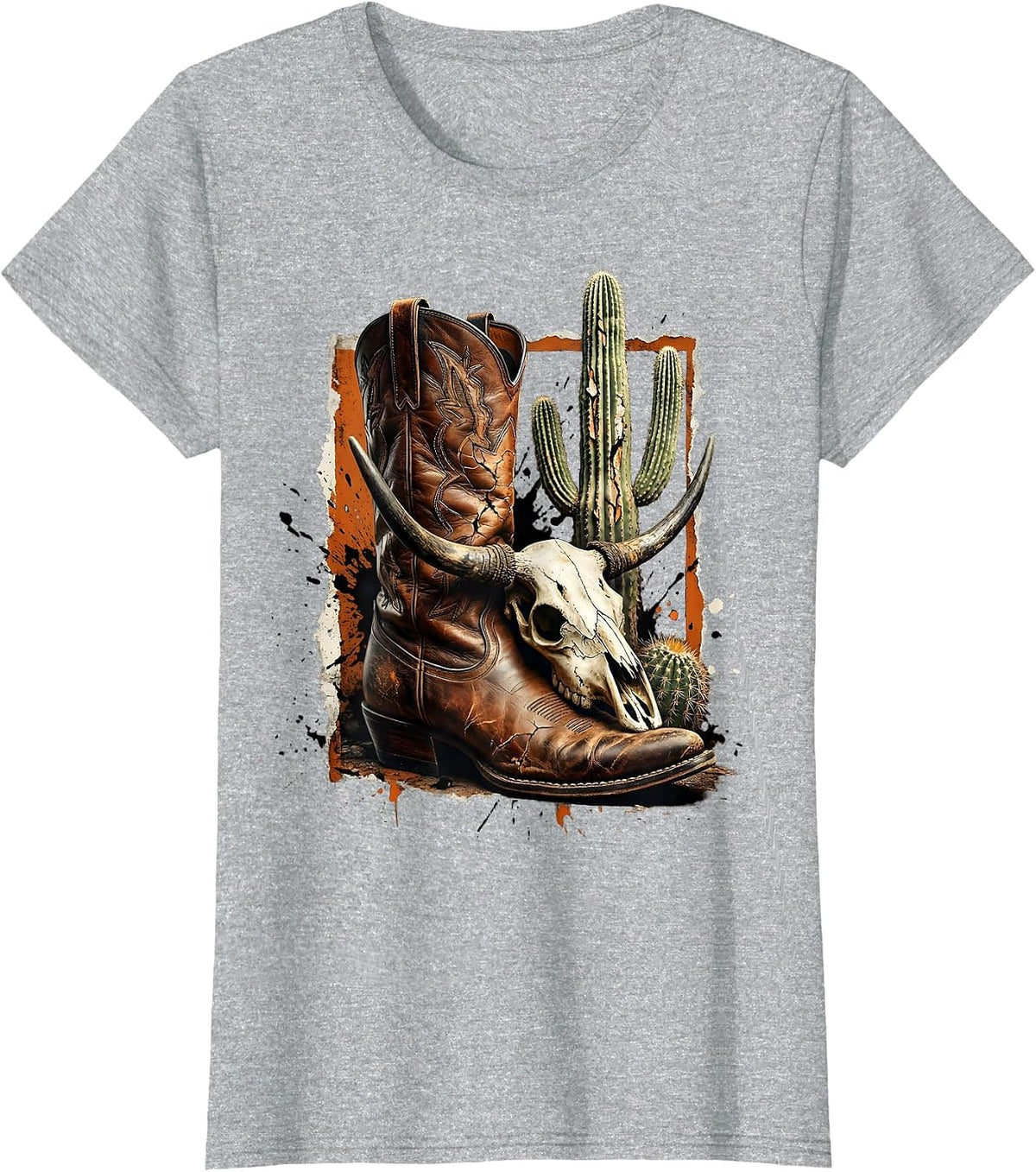 Cowgirl Boot Cactus Skull Western Graphic T-Shirt - Heather Grey