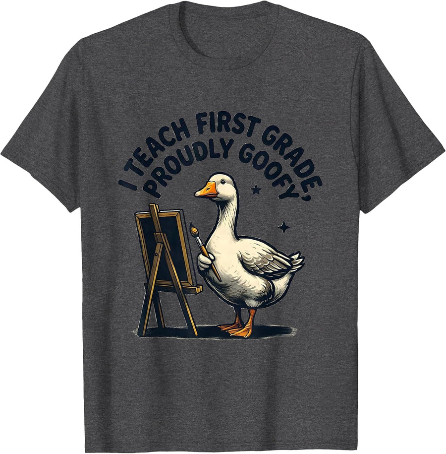 Men's I Teach First Grade Proudly Goofy Funny Preschool Teacher T-Shirt - Dark Heather Grey