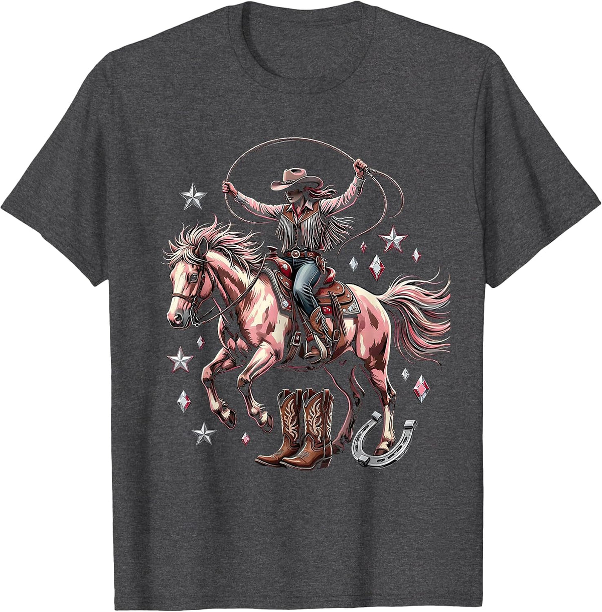 Pink Cowgirl Riding Bucking Bronco Rodeo Art T-Shirt - Dark Heather Grey