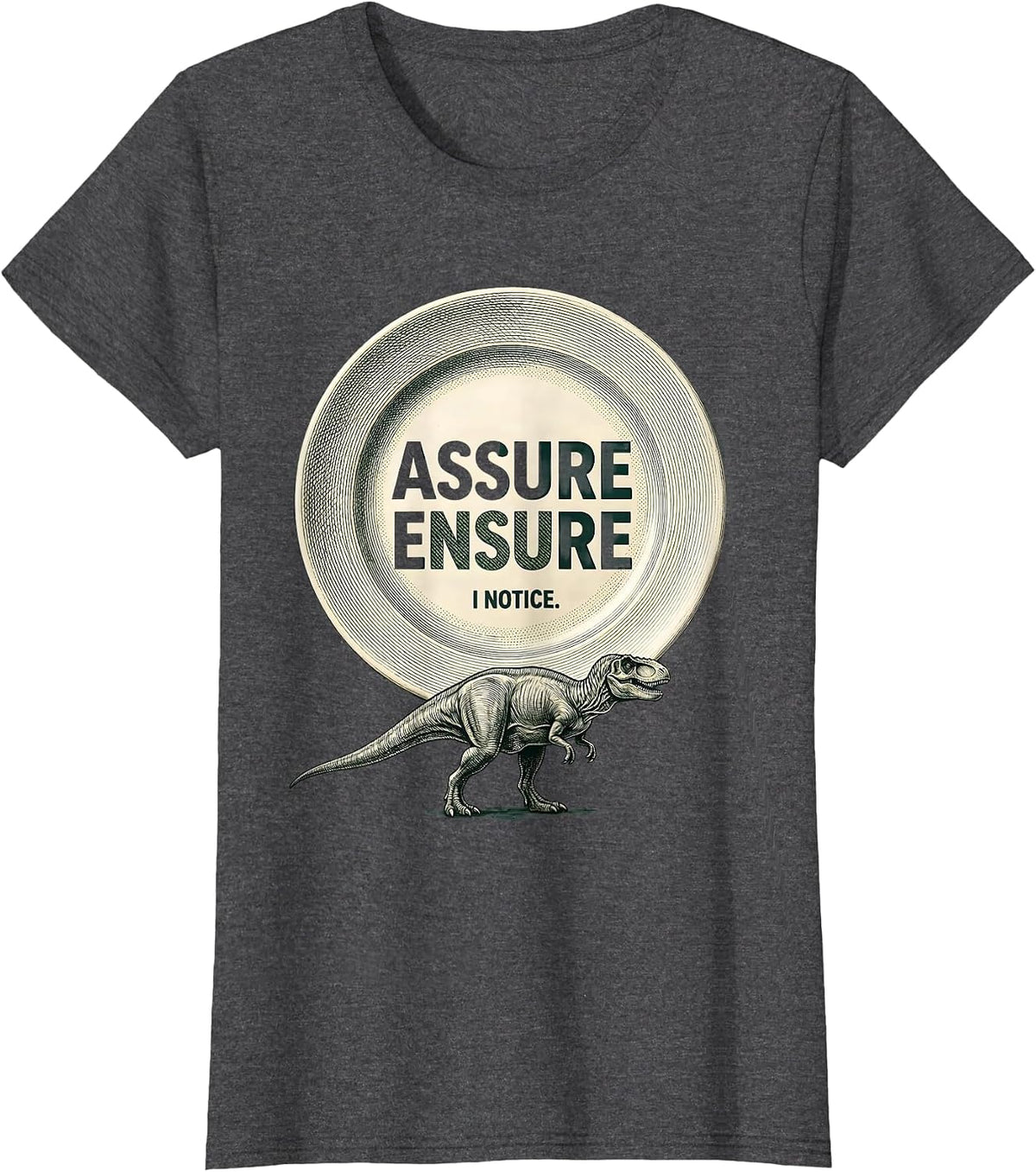 Women's Assure Ensure I Notice Funny Grammar Teacher Dinosaur Humor T-Shirt - Dark Heather Grey