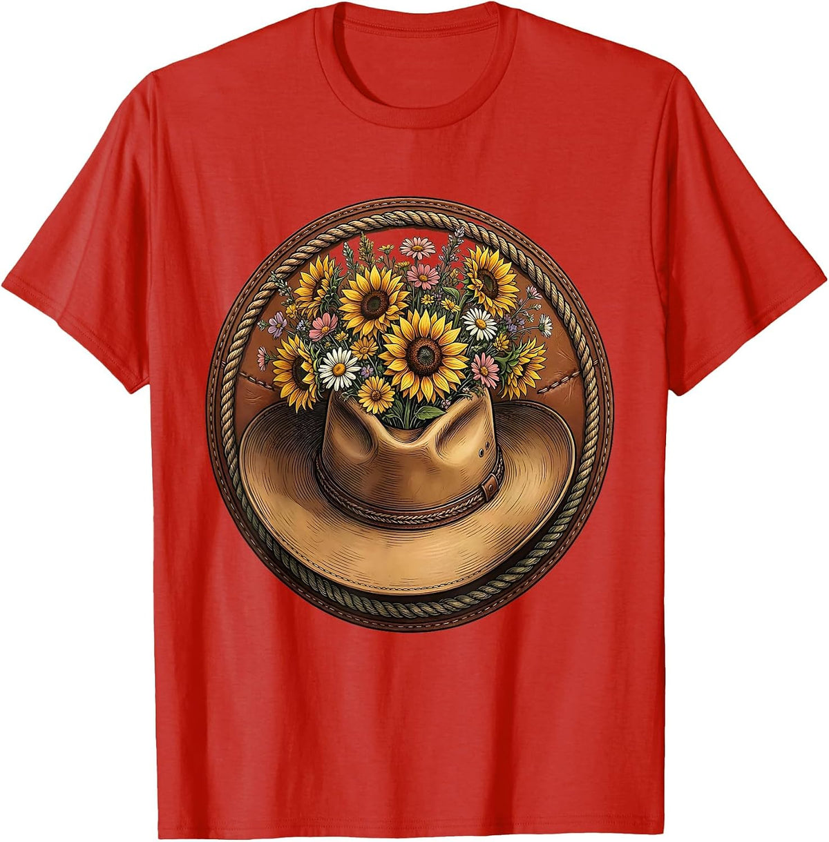 Cowgirl Hat Wildflowers Floral Western Design T-Shirt - Red