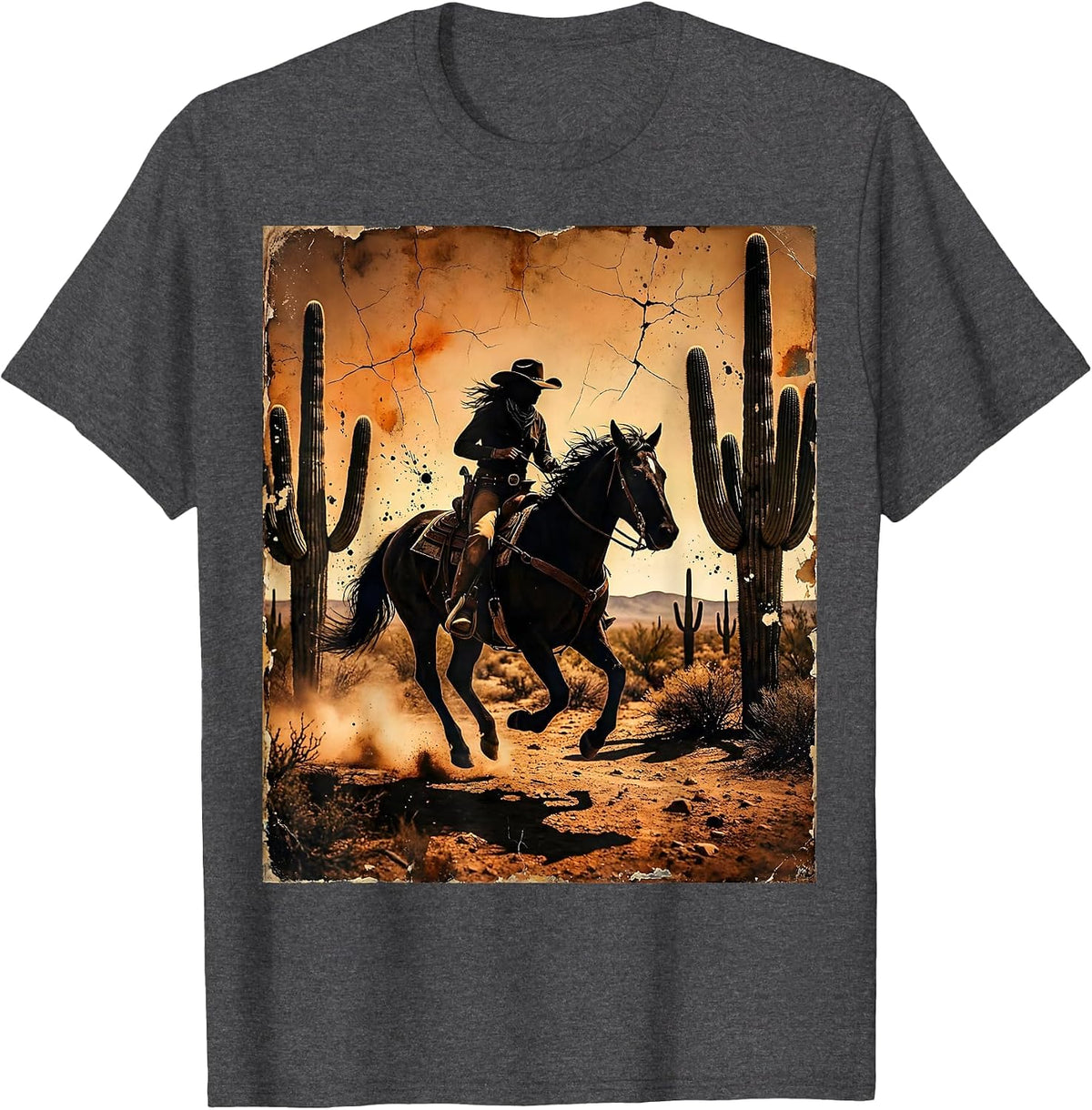 Cowgirl Riding Horse Desert Cactus Rodeo T-Shirt - Dark Heather Grey