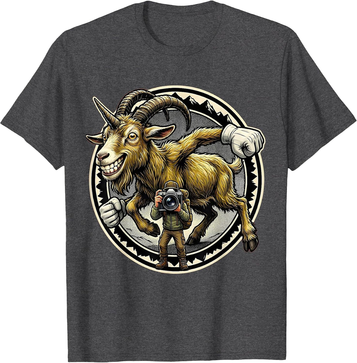 Mountain Goat Photobomb Funny Hiking Graphic T-Shirt - Dark Heather Grey