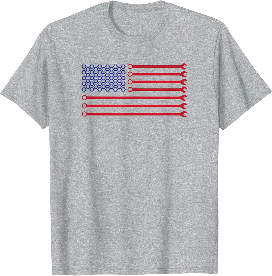 Patriotic Mechanic Wrench Flag Auto Repair Garage T-Shirt - Heather Grey
