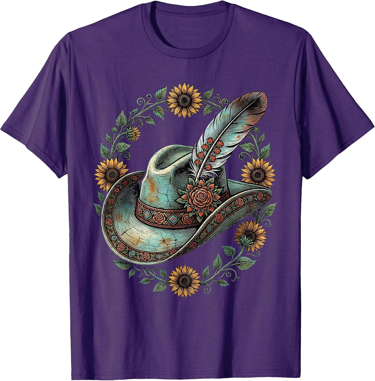 Cowgirl Hat Feather Turquoise Western Boho Design T-Shirt - Purple