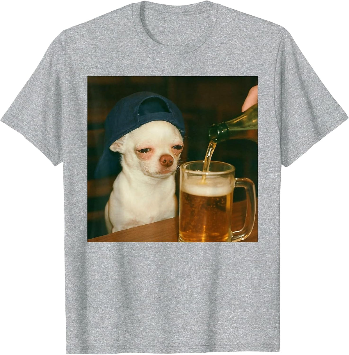 Funny Chihuahua Beer Meme Dog Reaction Humor Funny Dog Meme T-Shirt - Heather Grey