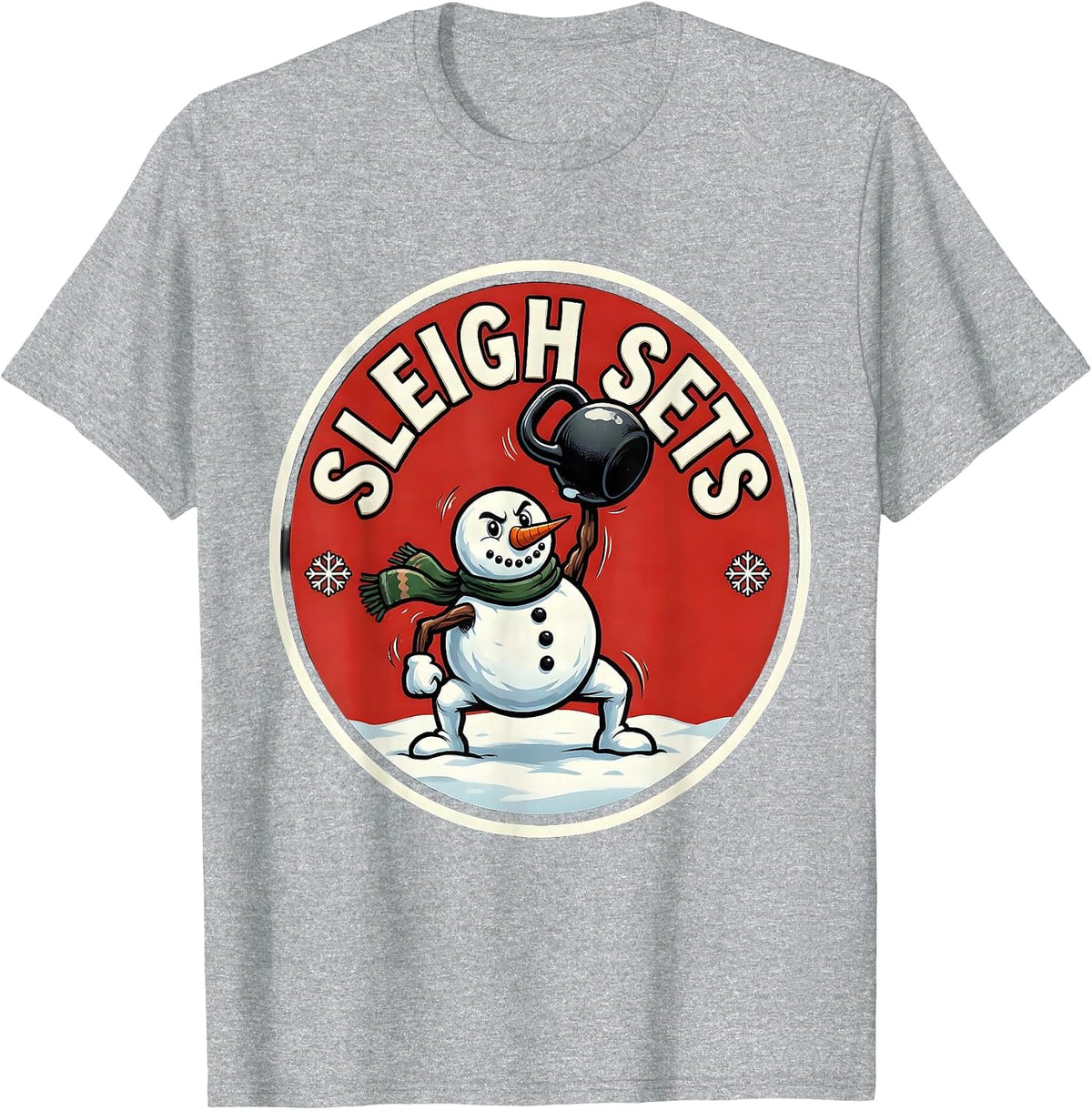Men's Sleigh Sets Cartoon Christmas Weightlifting Gym Humor T-Shirt - Heather Grey