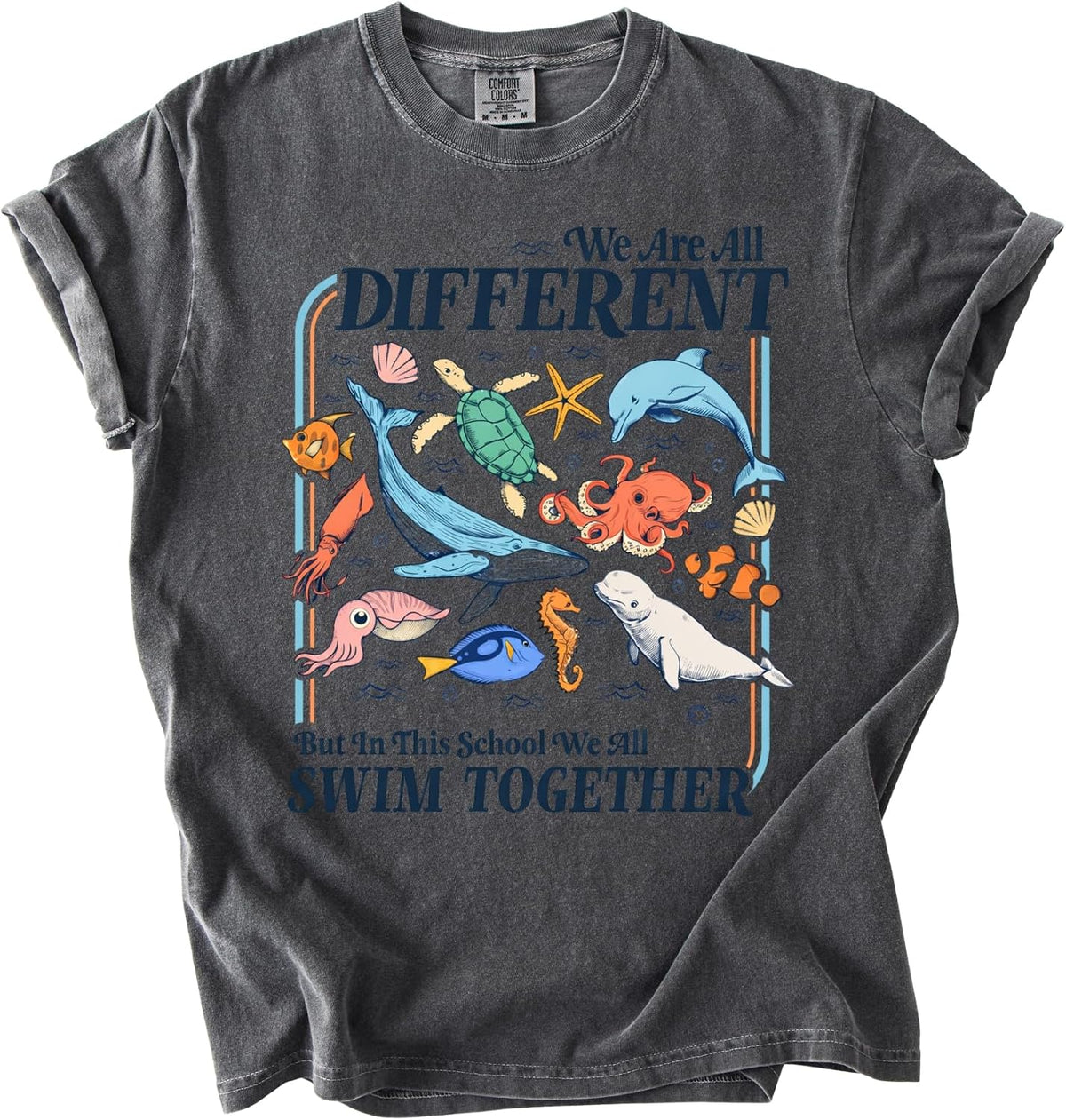 FITIN We are All Different Comfort Colors T-Shirt, Marine Life Graphic Tee, Unisex Ocean Animals Diversity T-Shirt - Blue