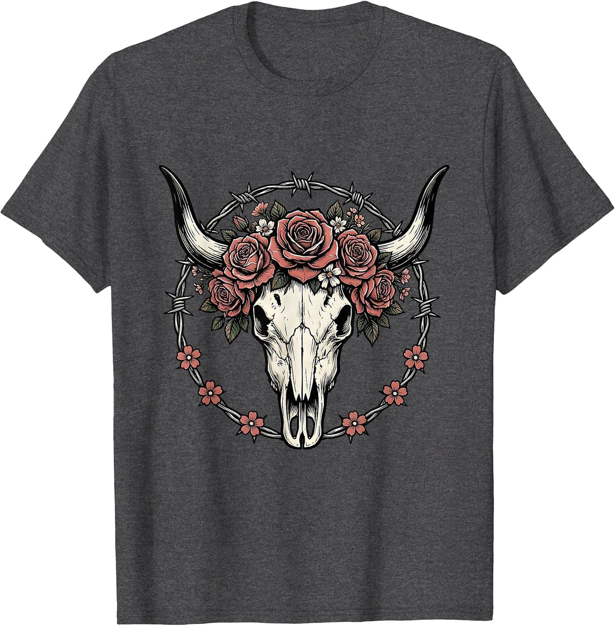 Longhorn Skull Flower Crown Western Cowgirl Graphic T-Shirt - Dark Heather Grey
