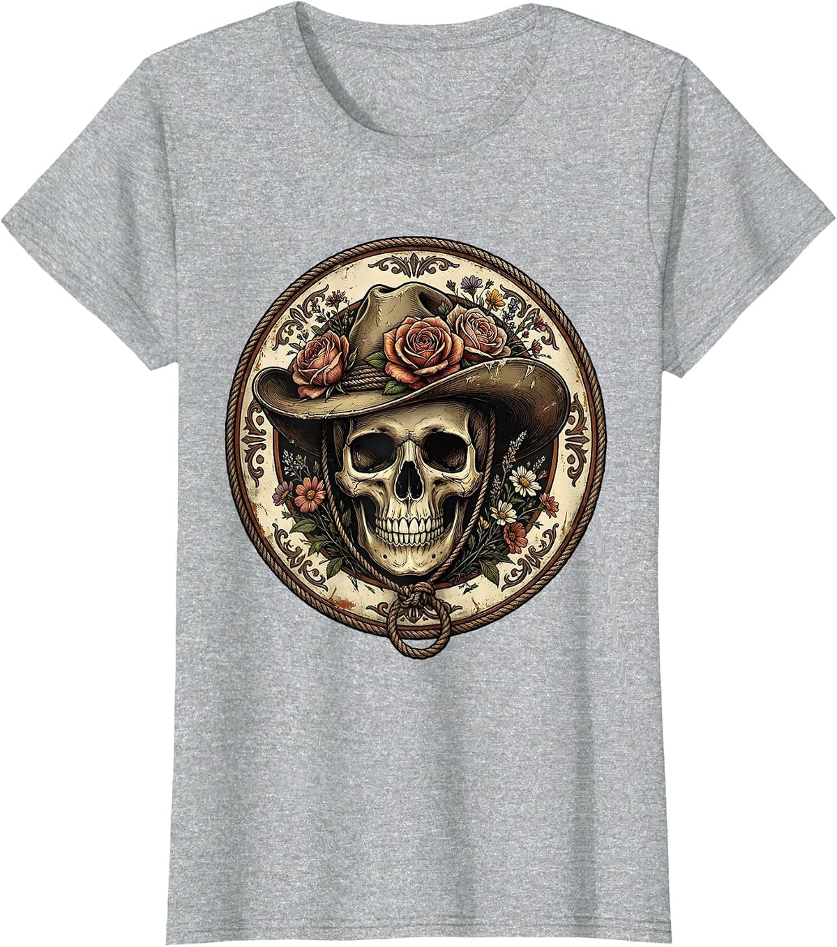 Floral Cowboy Hat Skull Western Art Design T-Shirt - Heather Grey