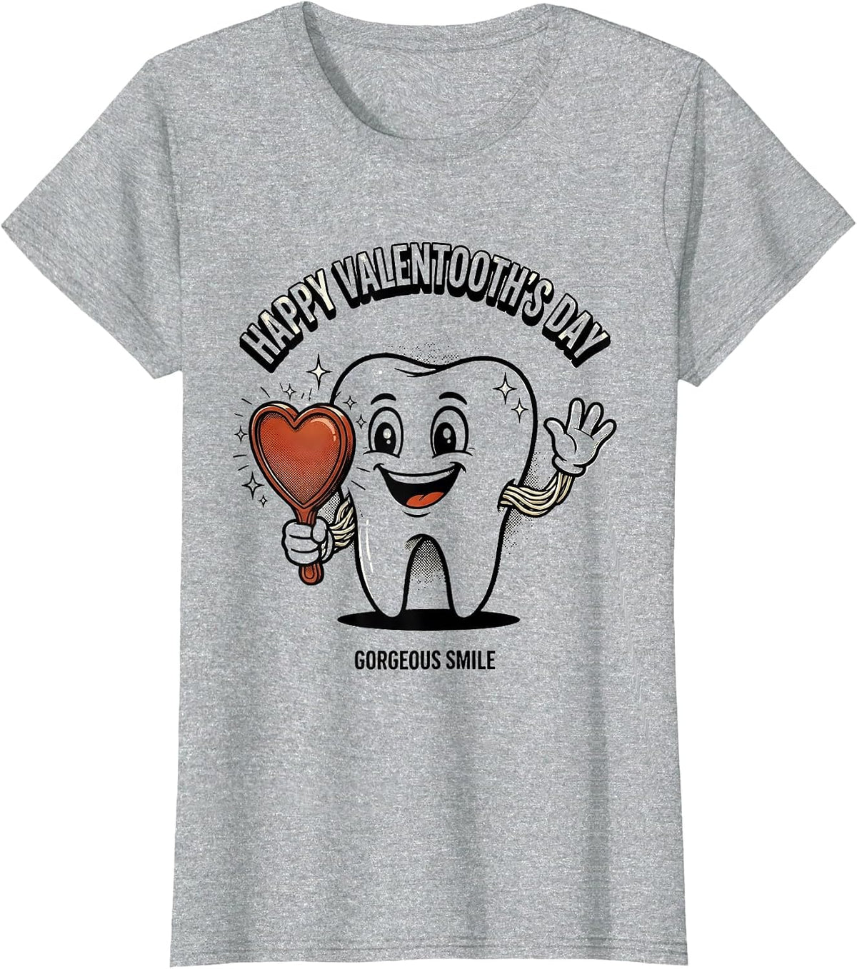 Women's Happy Valentooth's Day Gorgeous Smile Retro Cartoon Dental T-Shirt - Heather Grey