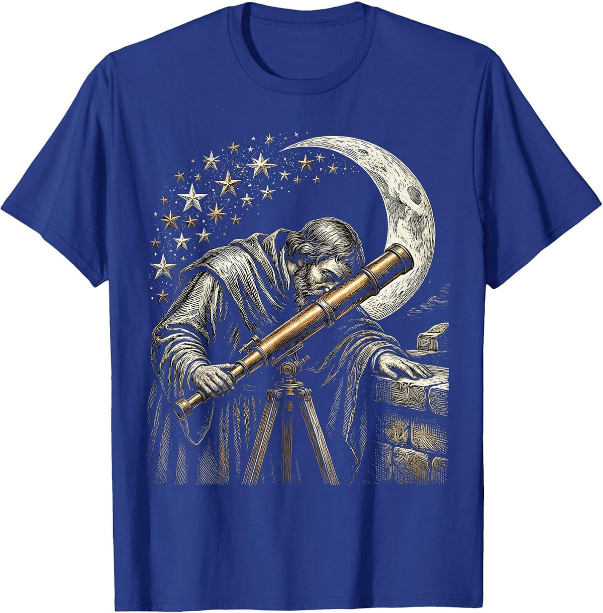 Men's Renaissance Astronomer Brass Telescope Stars Design T-Shirt - Royal Blue