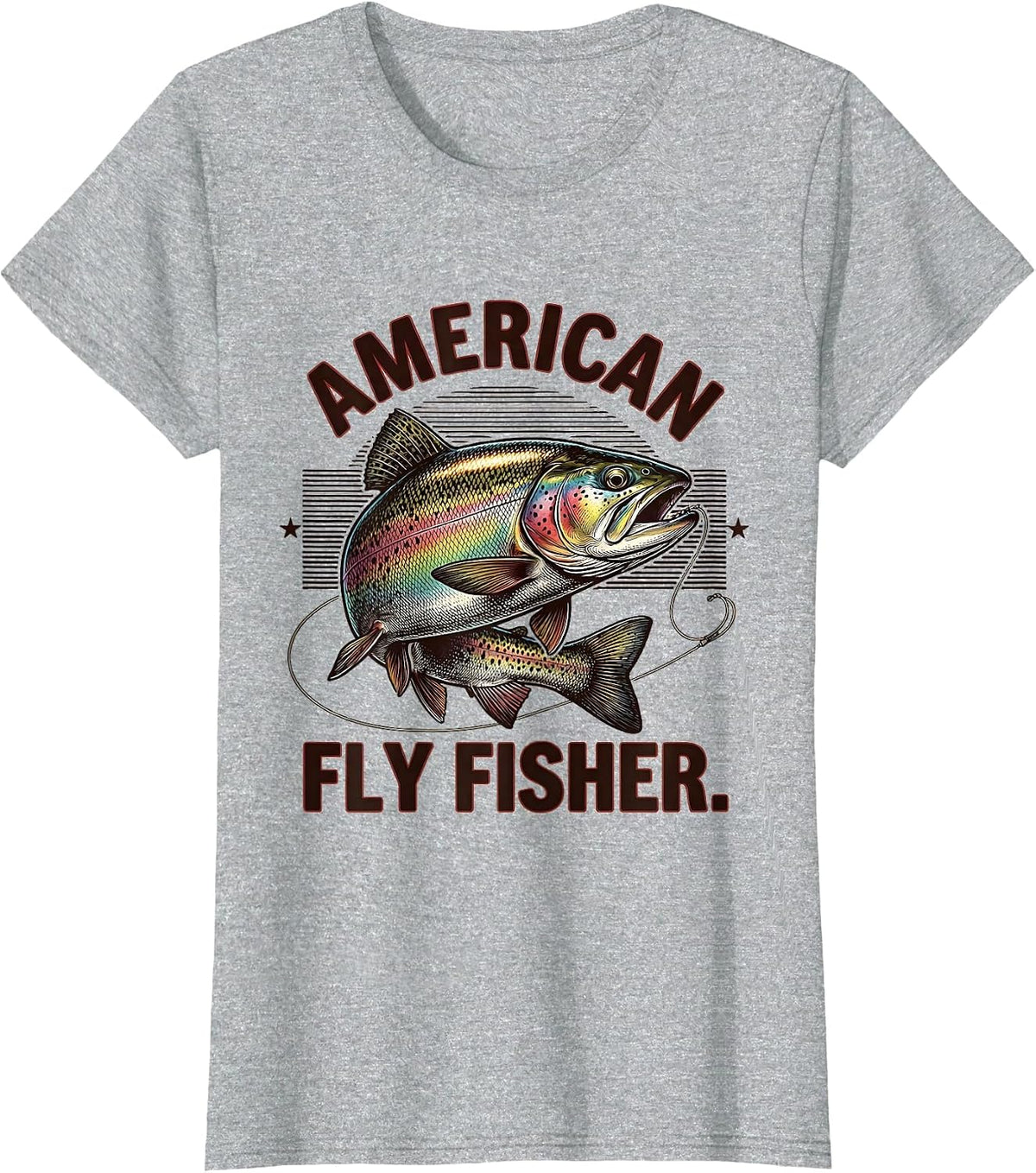 Women's American Fly Fisher Vintage Engraved Trout Patriotic Camo T-Shirt - Heather Grey