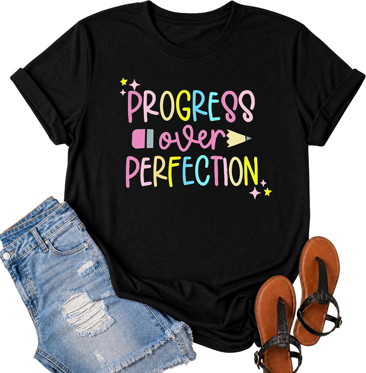 Teacher Shirts for Women: Progress Over Perfection Shirt Rainbow Teacher Graphic Tee Teaching Tops - Black