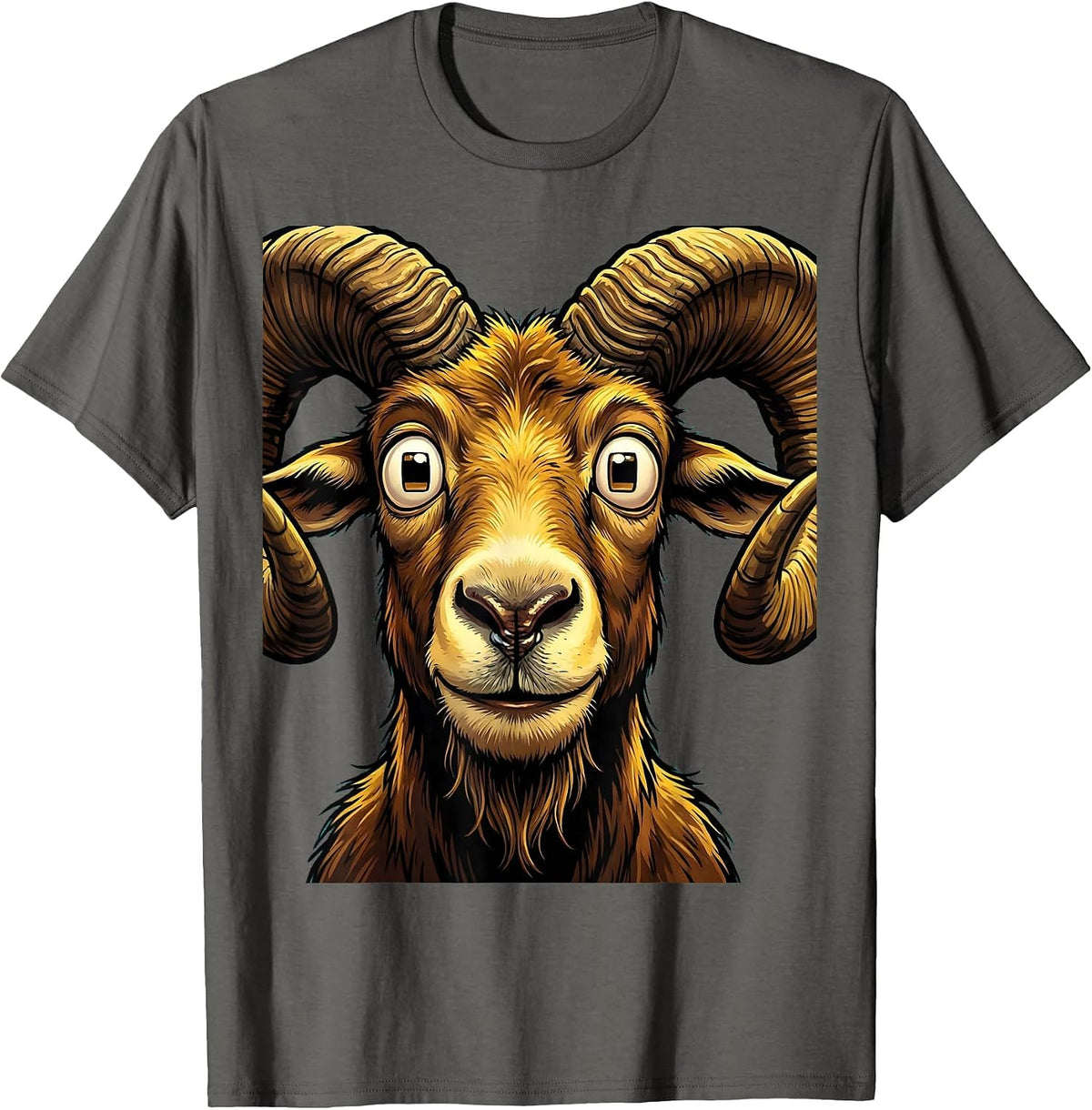 Close-Up Goat Face With Dramatic Curved Horns T-Shirt - Asphalt Grey
