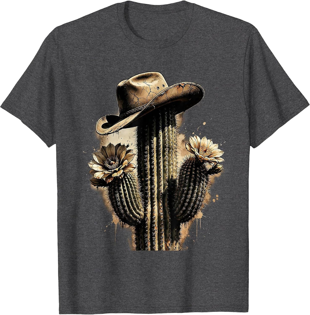 Cowgirl Hat Blooming Cactus Western Illustration T-Shirt - Dark Heather Grey
