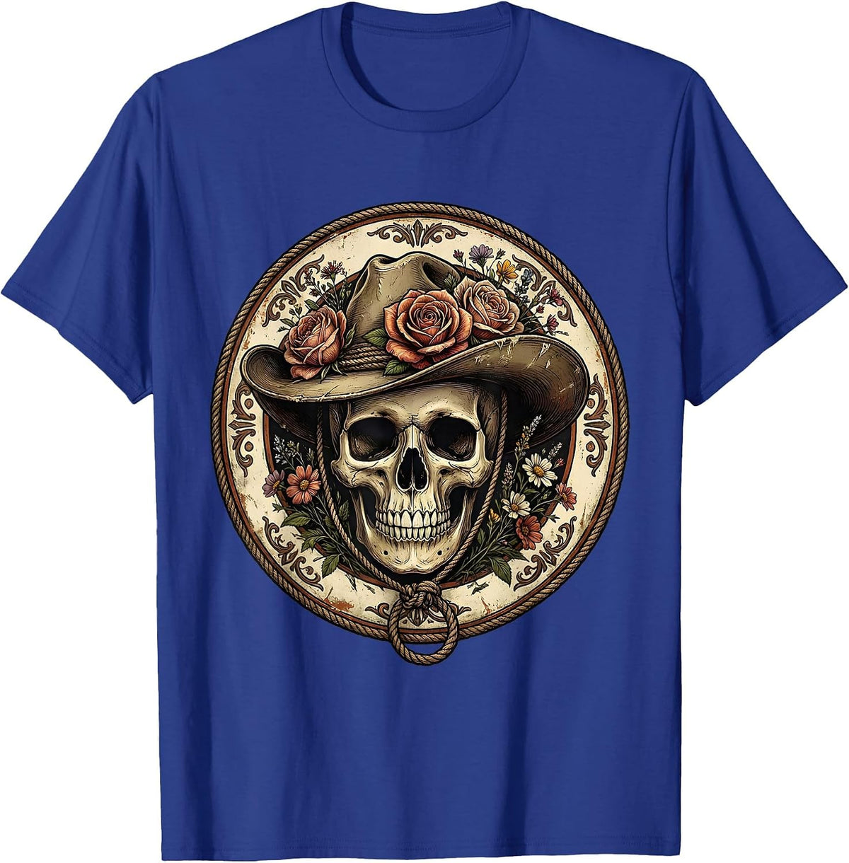 Floral Cowboy Hat Skull Western Art Design T-Shirt - Royal Blue