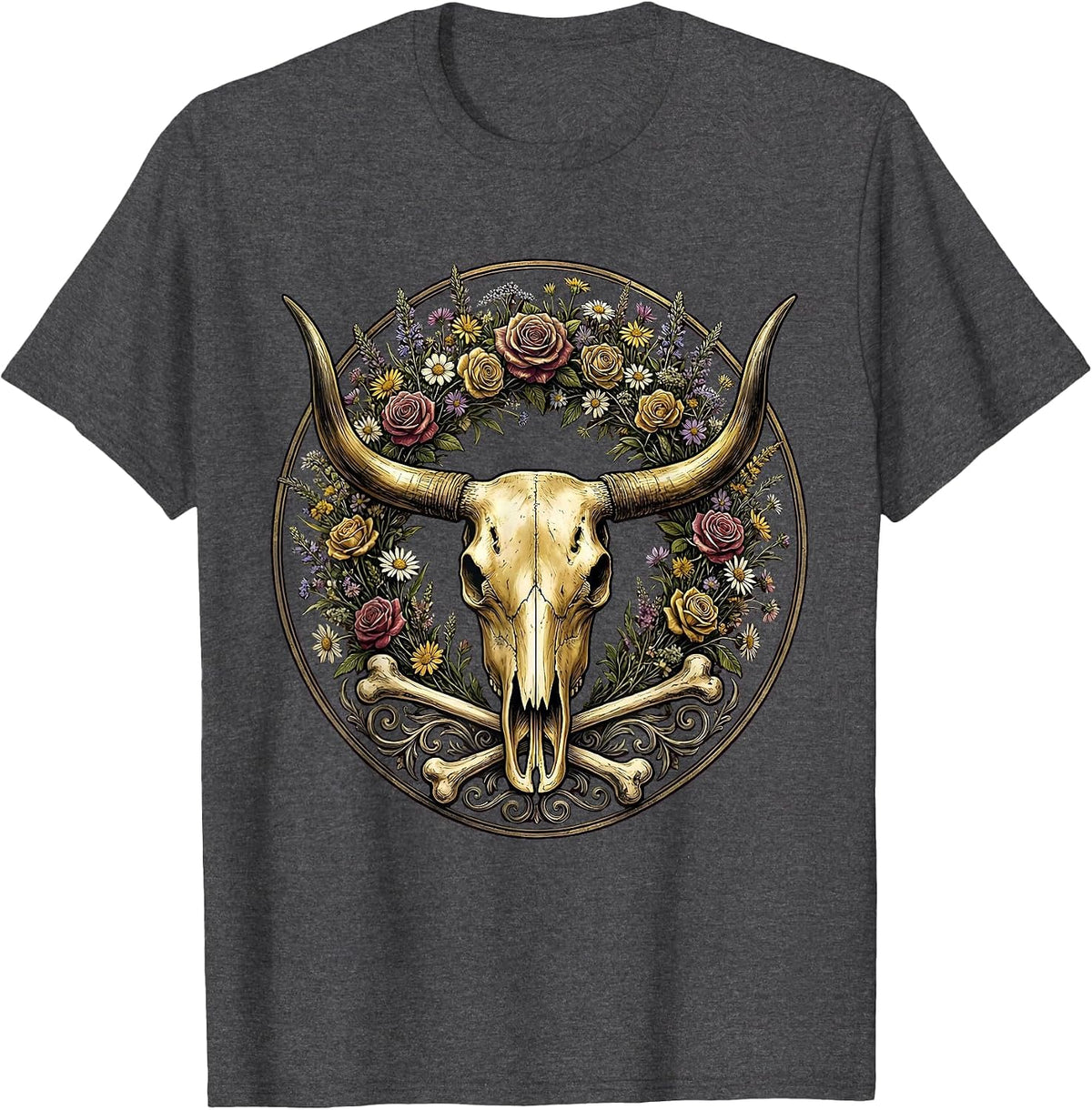 Cattle Skull Floral Crown Western Cowboy Design T-Shirt - Dark Heather Grey