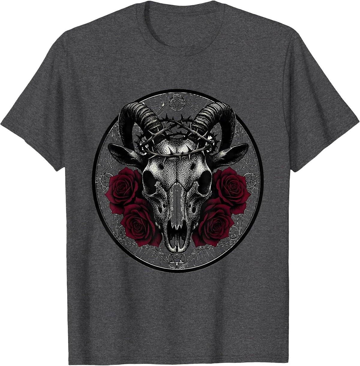 Goat Skull Crowned With Thorns and Roses Graphic T-Shirt - Dark Heather Grey
