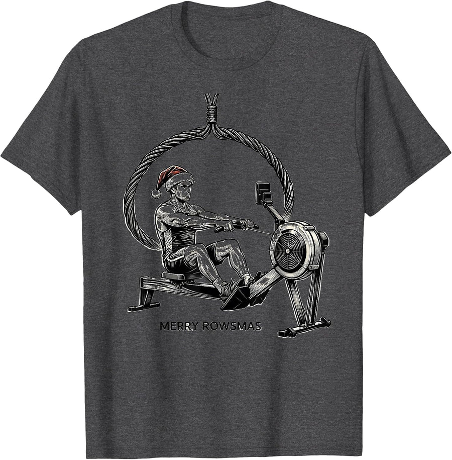 Men's Merry Rowsmas Funny Gym Workout Christmas Humor T-Shirt - Dark Heather Grey