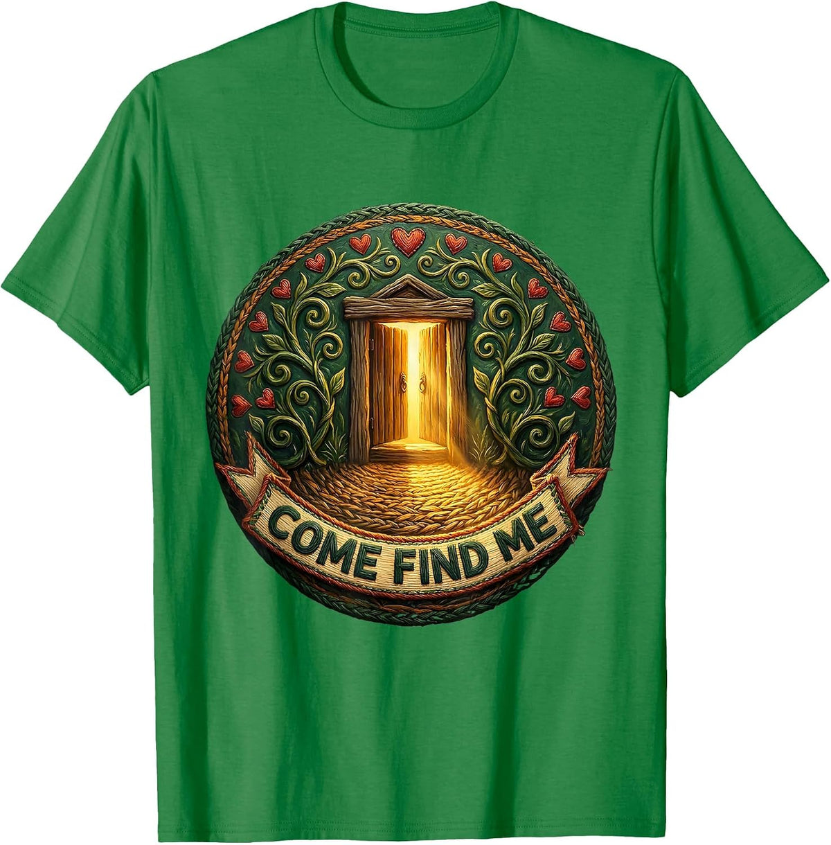 Men's Come Find Me Folk Art School Counselor Student Services Crew T-Shirt - Kelly Green