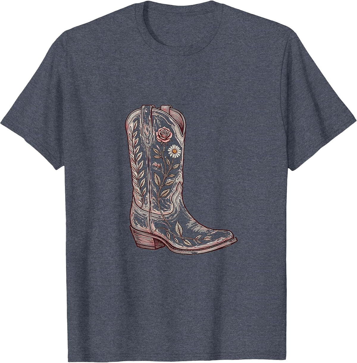 Cowgirl Boots Floral Embroidery Western Design T-Shirt - Heather Blue