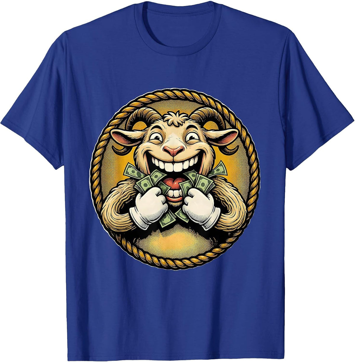 Men's Funny Goat Eating Dollar Bills Illustration T-Shirt - Royal Blue