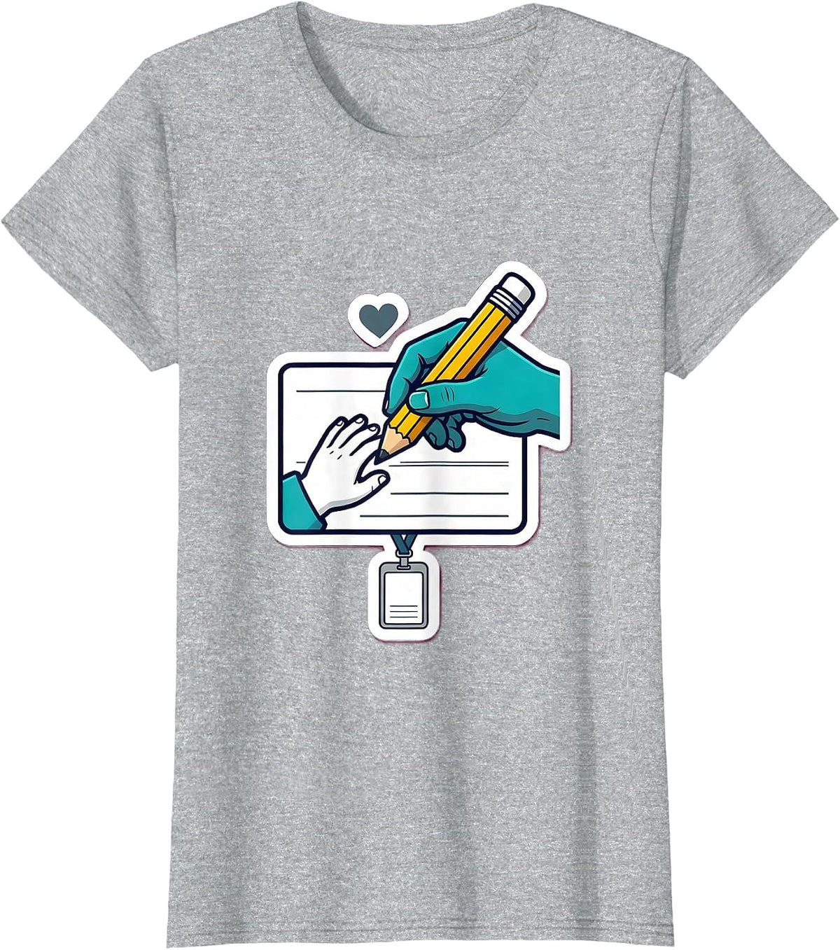 Women's Handprint Pencil Guide Paraeducator Appreciation Sticker T-Shirt - Heather Grey