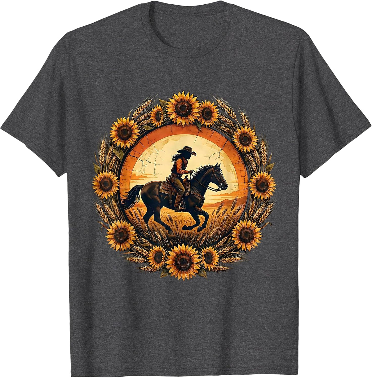 Men's Cowgirl Silhouette on Horseback Dusk Rodeo Design T-Shirt - Dark Heather Grey