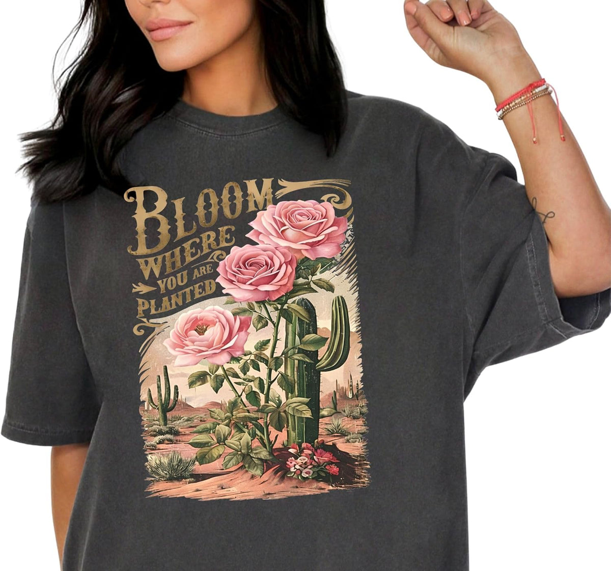 Daytee Bloom Where You are Planted Shirt, Garment Dyed Graphic Tee, Floral Cactus Western Shirt, Inspirational Quote Tee -