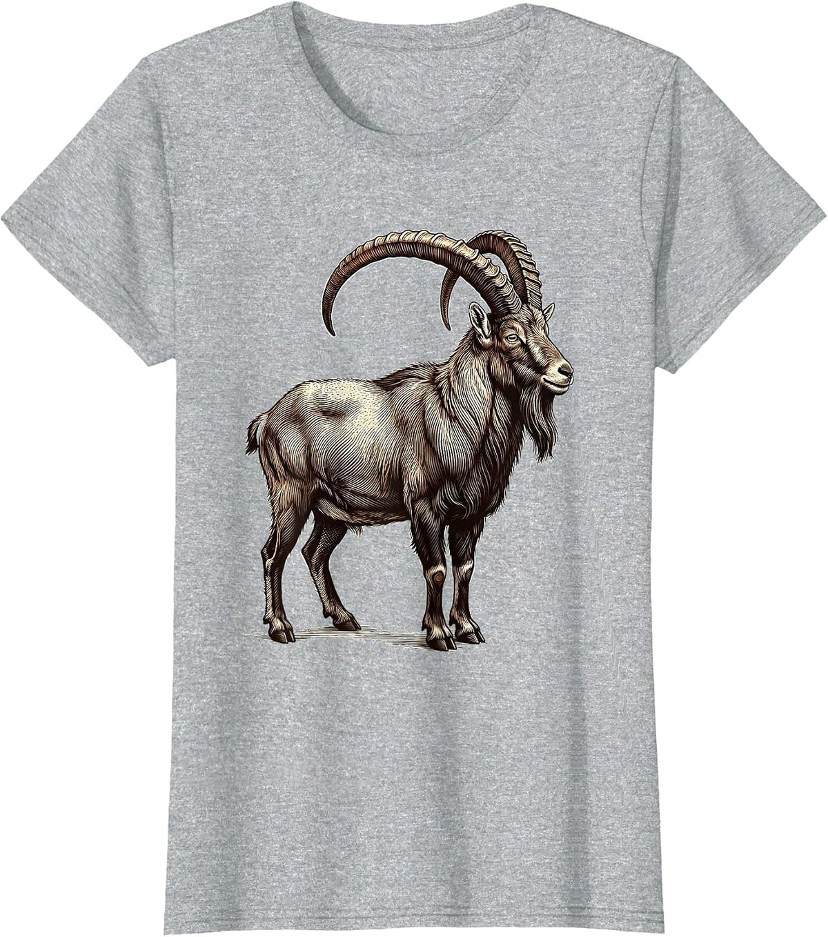 Women's Mountain Goat Crosshatch Etching Minimalist Line Art T-Shirt - Heather Grey