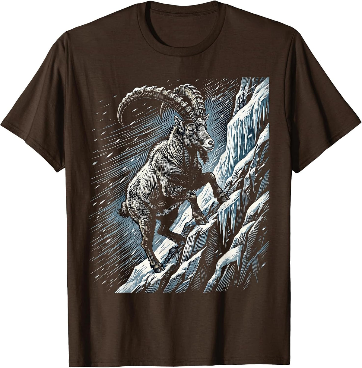 Mountain Goat Blizzard Icy Cliff Climbing Design T-Shirt - Brown