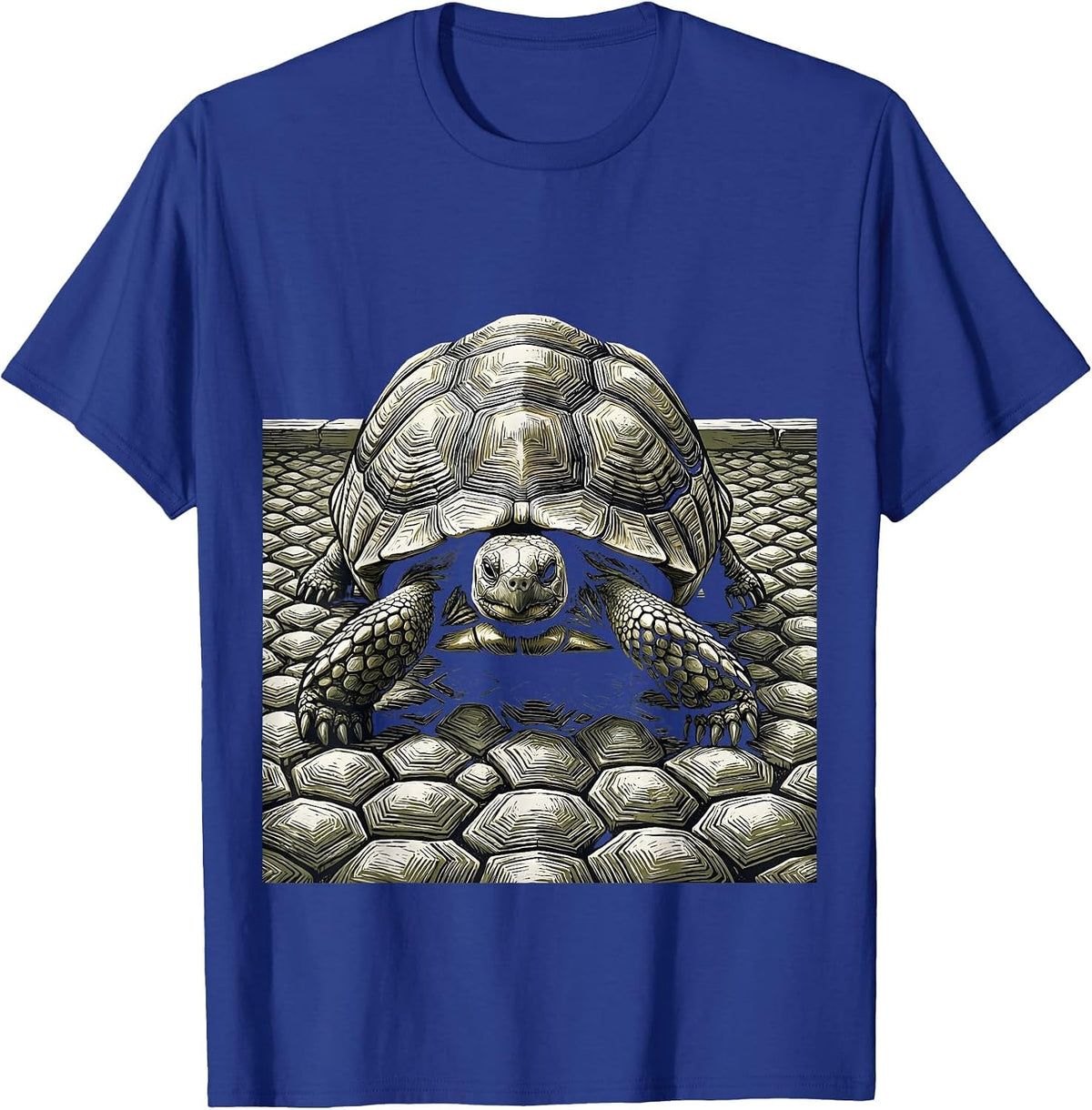 Broad Low Tortoise Woodcut Engraving Funny Pet Lover T-Shirt - Royal Blue