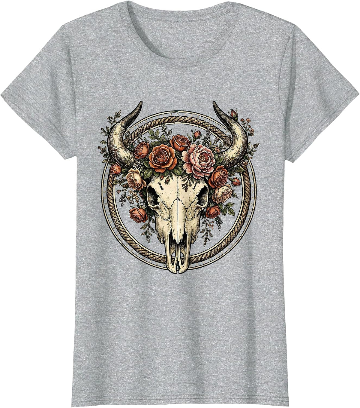 Bull Skull Floral Crown Western Boho Design T-Shirt - Heather Grey