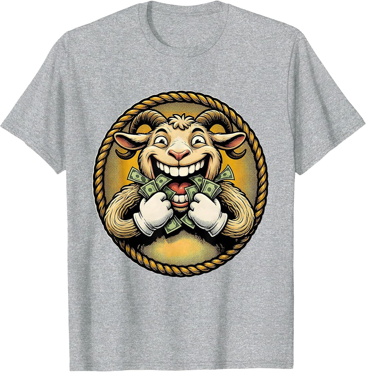 Men's Funny Goat Eating Dollar Bills Illustration T-Shirt - Heather Grey