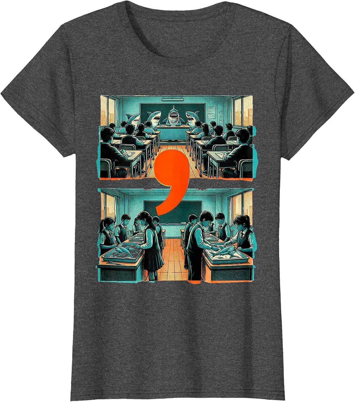 Women's Shark Register Punctuation Humor Grammar Teacher Gift T-Shirt - Dark Heather Grey
