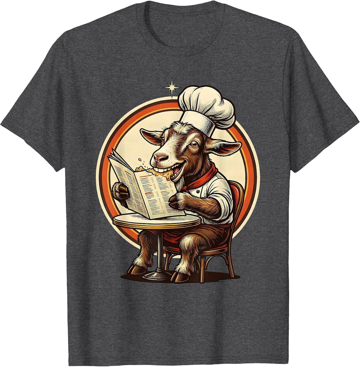 Funny Goat Chef Eating Its Own Menu Graphic T-Shirt - Dark Heather Grey
