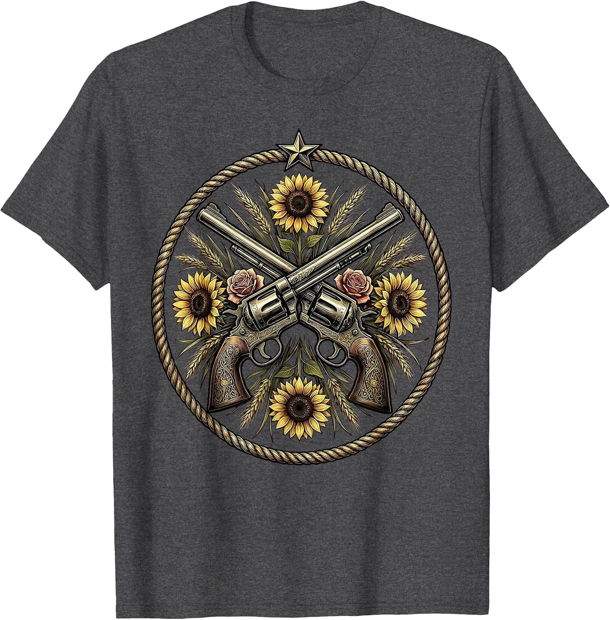 Crossed Revolvers Wildflowers Cowgirl Western Design T-Shirt - Dark Heather Grey