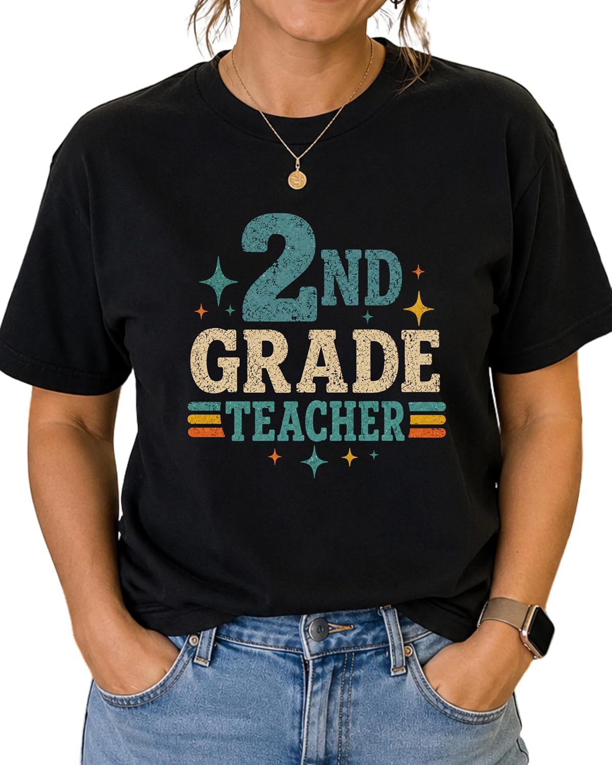2nd Grade Teacher Shirt, Retro Teacher Tee, Second Grade Teacher Gift, Back to School Shirt - Black