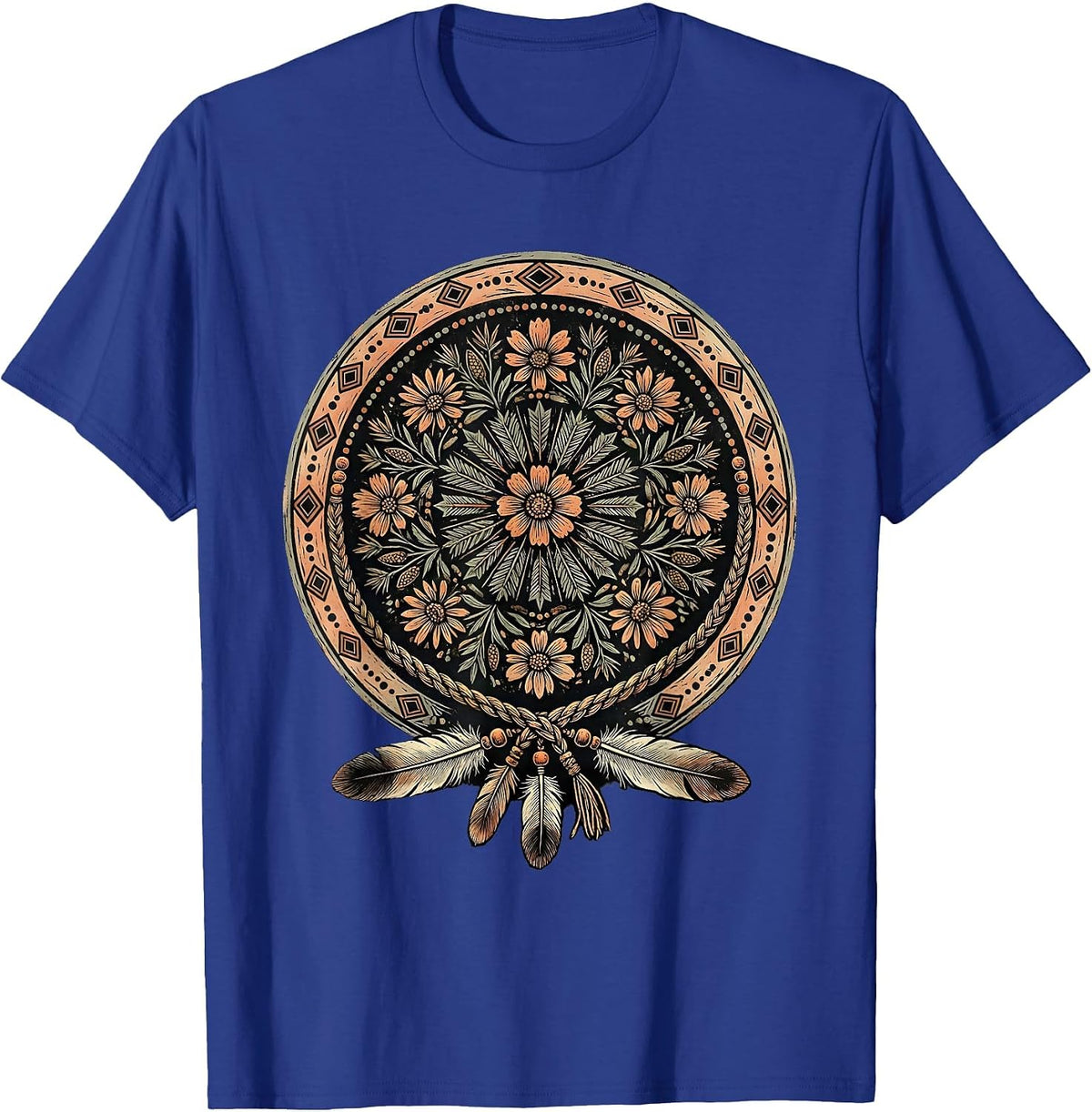 Men's Western Boho Braided Hair Feathers Turquoise Beads T-Shirt - Royal Blue