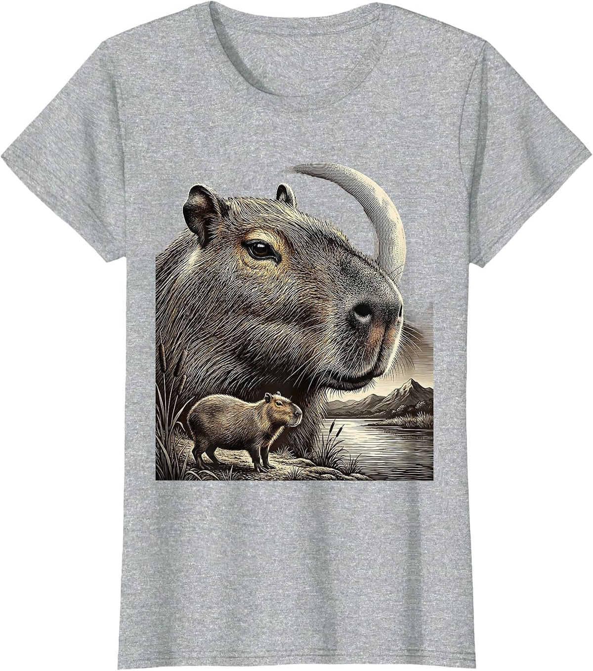 Capybara Double-Exposure Moonlit Spirit Portrait T-Shirt - Heather Grey
