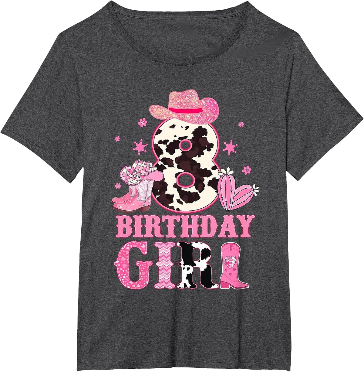 Kids 8th Birthday Girl Rodeo Western Cowgirl Birthday Party T-Shirt - Dark Heather Grey