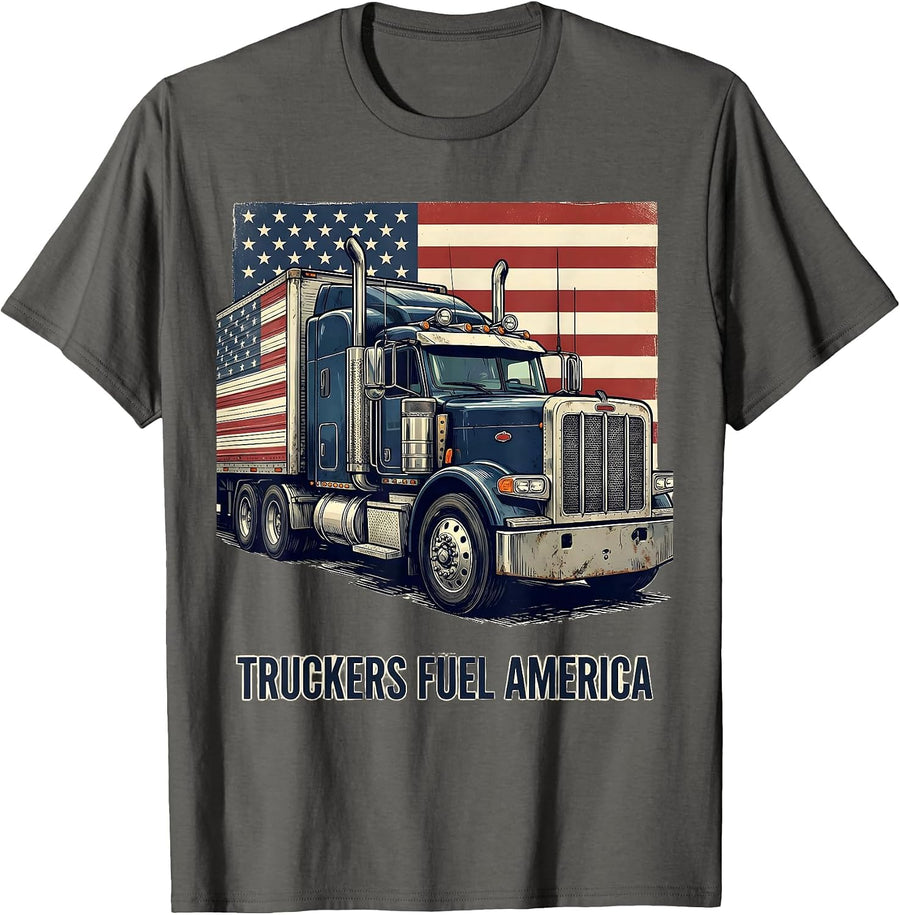 Truckers Fuel America Vintage Semi Truck Driver Patriotic T-Shirt - Asphalt Grey
