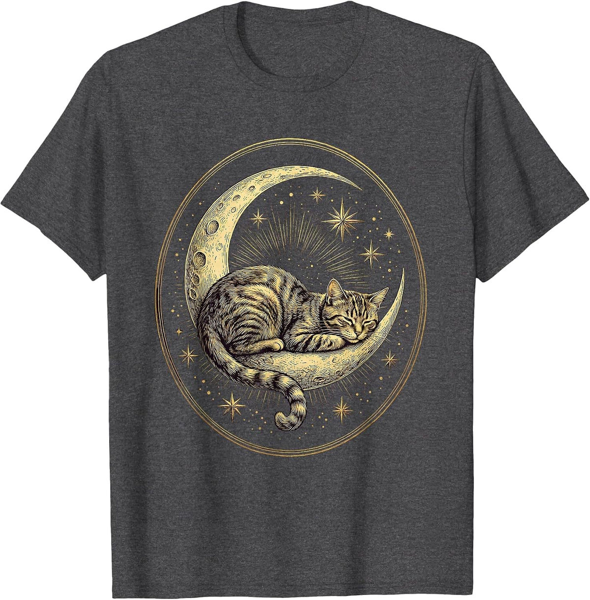 Men's Cat Draped Over Crescent Moon and Stars T-Shirt - Dark Heather Grey