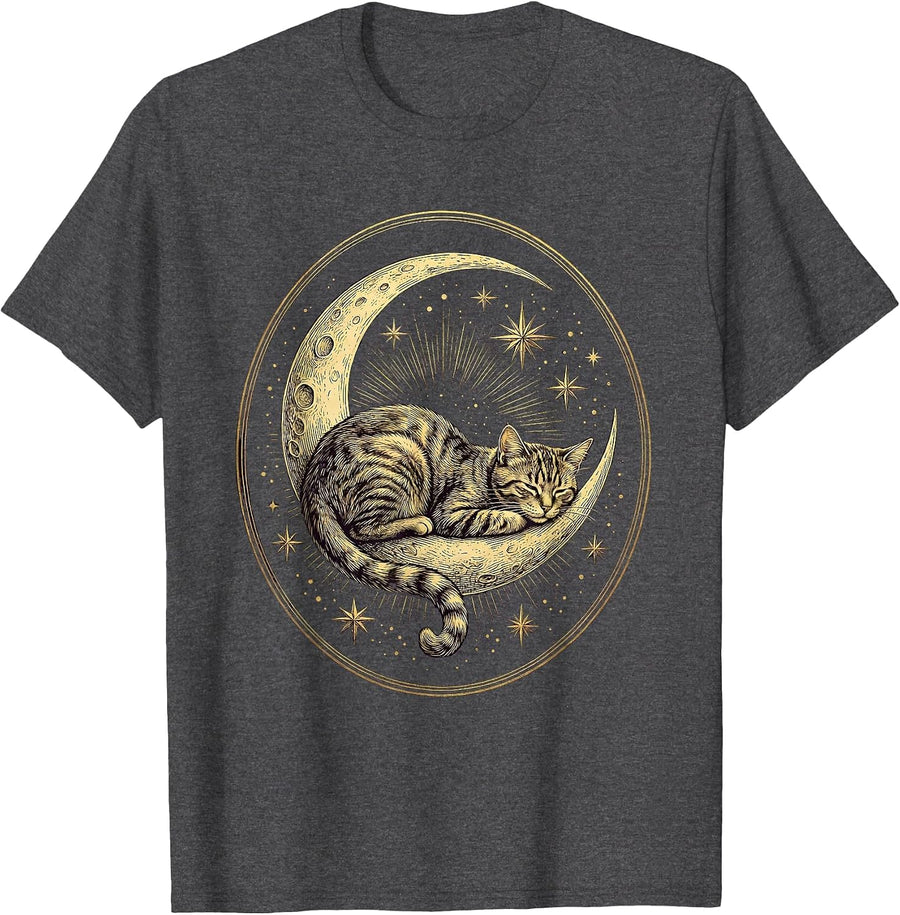Men's Cat Draped Over Crescent Moon and Stars T-Shirt - Dark Heather Grey