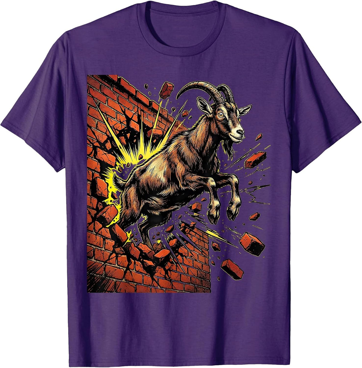 Men's Unhinged Goat Smashing Through Brick Wall T-Shirt - Purple