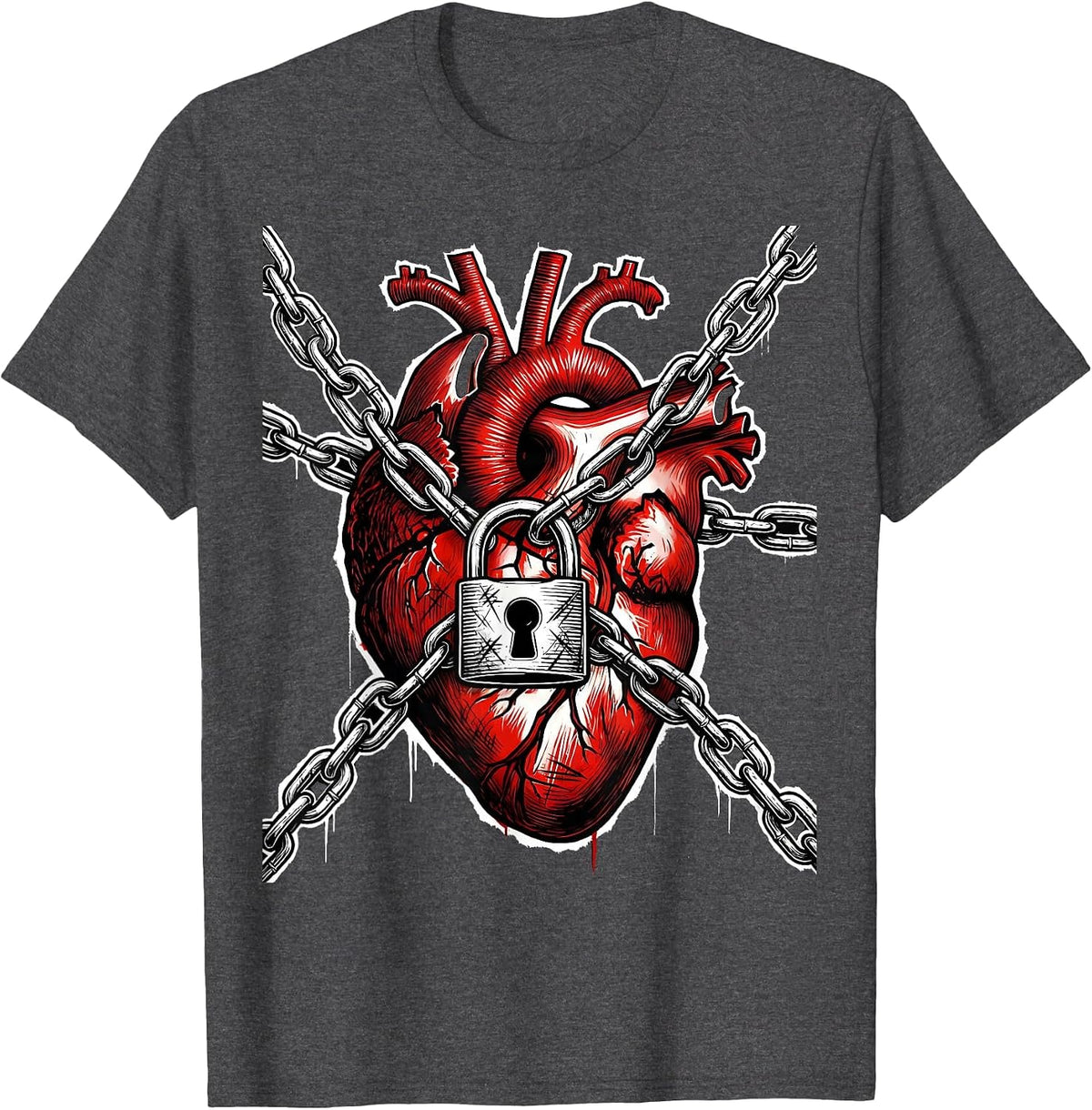 Grunge Chained Heart Padlock Graphic T-Shirt - Dark Heather Grey